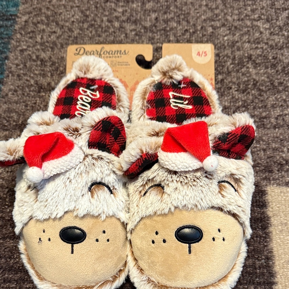 Dearfoams Kids' Festive Bear Slippers - Red and Cream